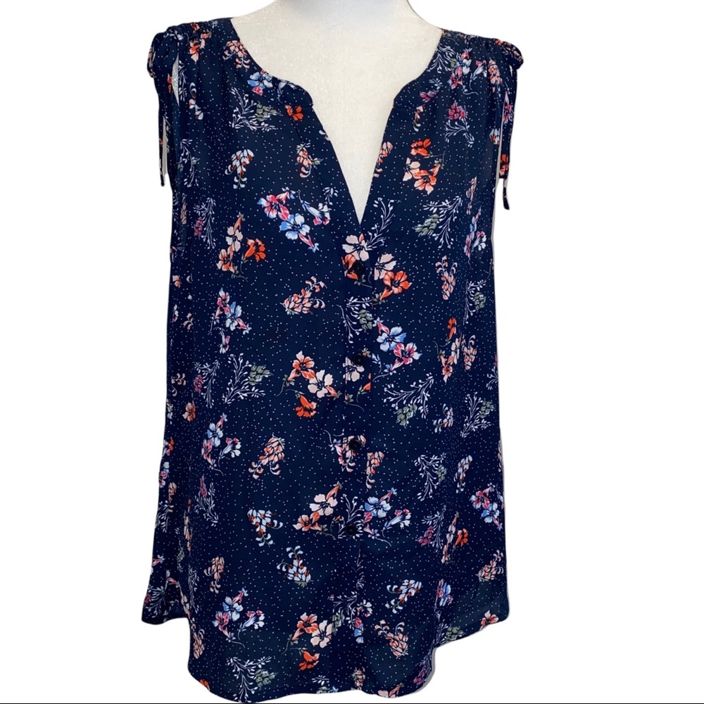Sanctuary Sleeveless Navy Polka Dot and Floral Print Blouse M